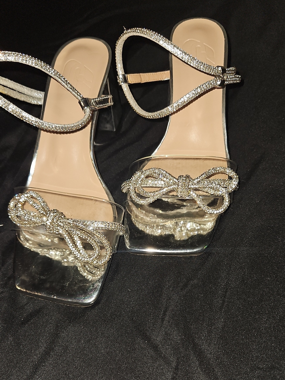 Crystal Bow Clear Heeled Sandals - Silver